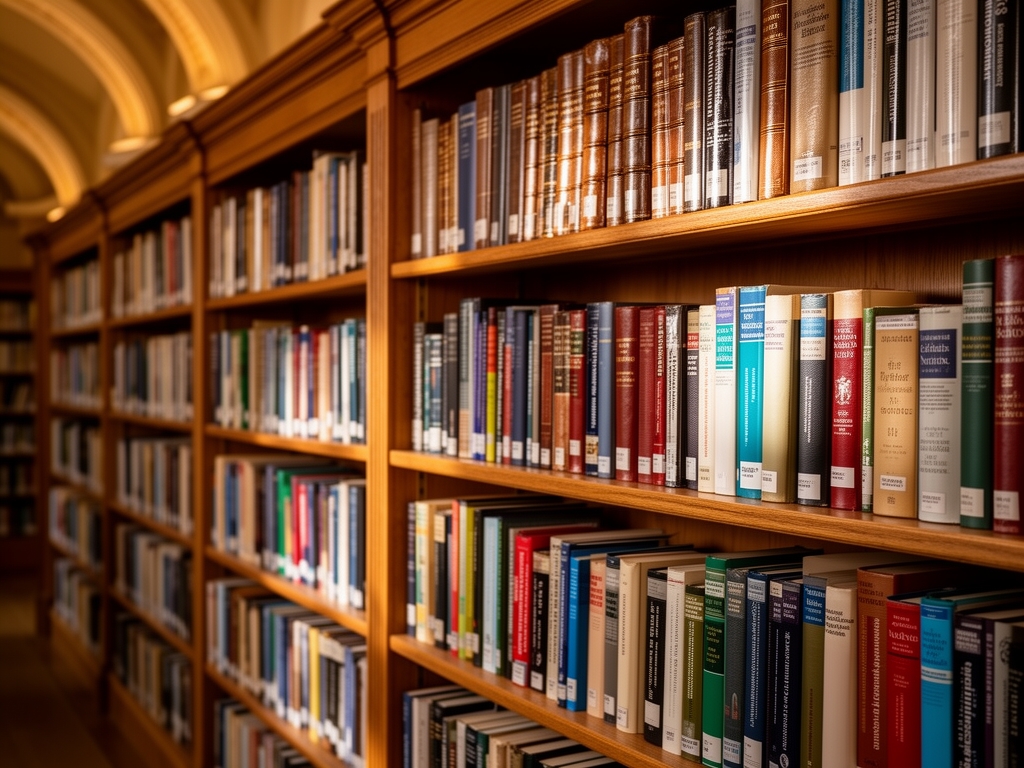 Bibliothèque avec rangées de livres scientifiques et médicaux sur nutrition et sciences de la santé, éclairage chaud de bibliothèque académique, ambiance studieuse et intellectuelle