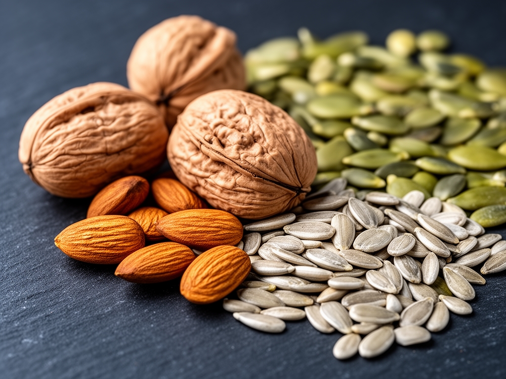 Vue macro de noix, amandes, graines de tournesol et graines de citrouille sur surface en ardoise sombre, aliments naturels riches en minéraux et oligo-éléments essentiels