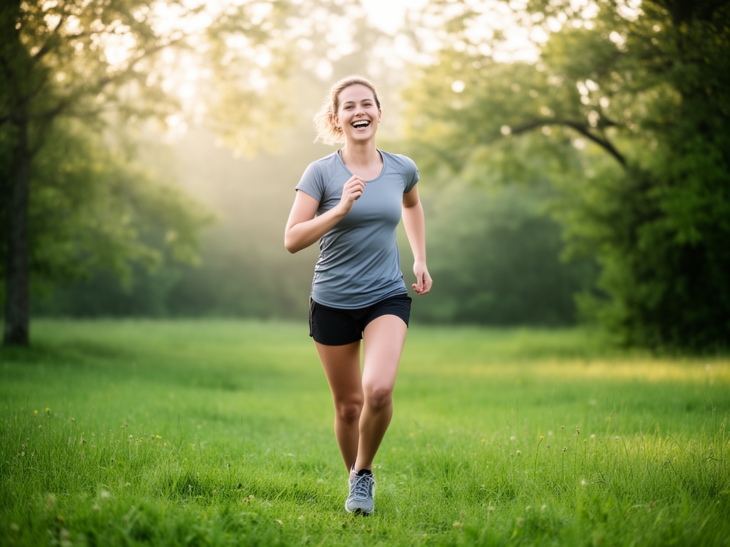 Personne souriante et énergique marchant dans un paysage naturel verdoyant avec des arbres et une lumière matinale douce, symbolisant la vitalité et l'équilibre de vie