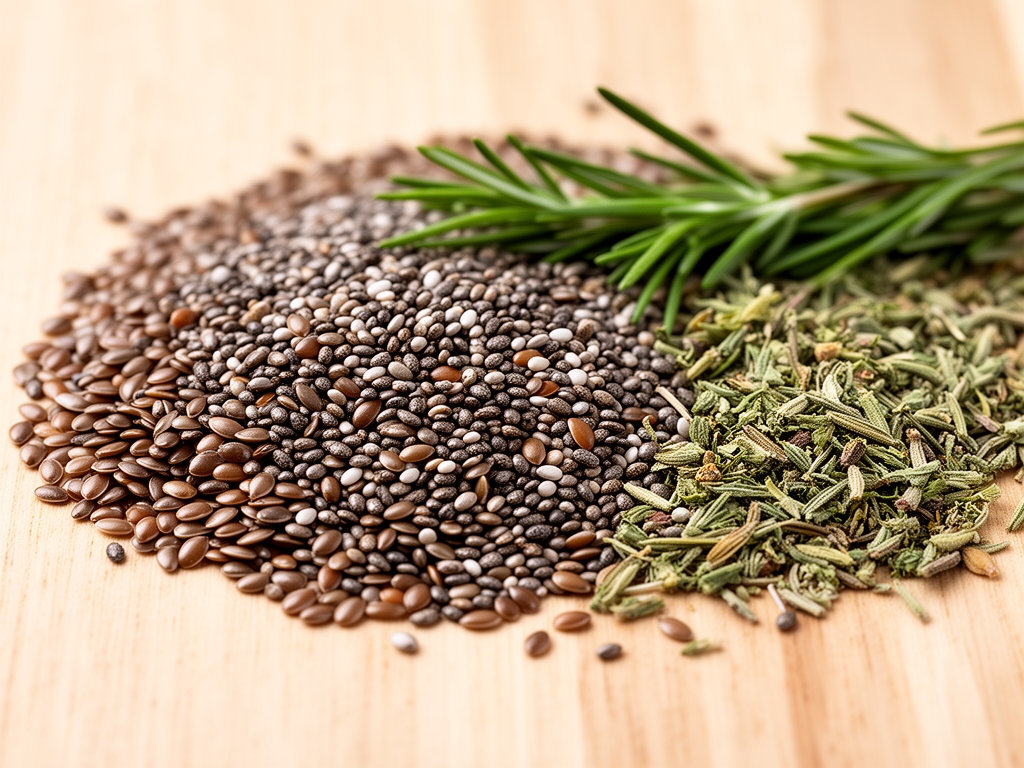 Photographie macro de graines de lin, graines de chia et herbes aromatiques séchées sur fond en bois clair, sources naturelles d'oligo-éléments comme zinc et sélénium
